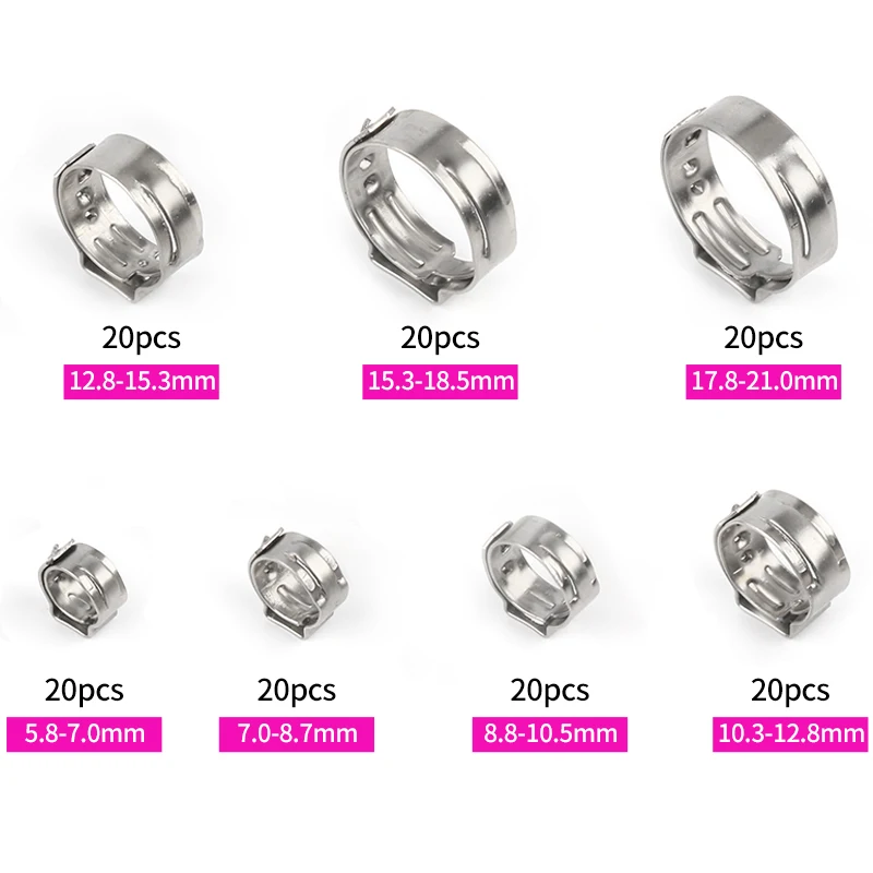 140PCS/Set Car Fuel Water Hose Pipe 5.8-21mm 304 Stainless Steel Single Ear Clamp + 1PCS Clip Pliers |