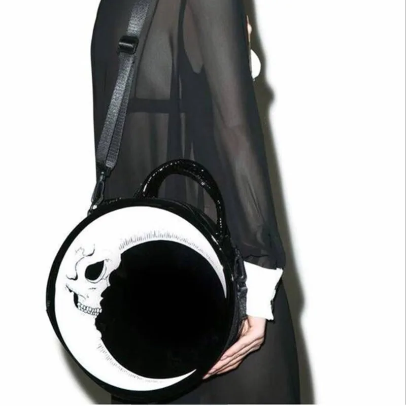 

Women Lady Girl Punk Dark Skull Head Thunder Flash Printed Gothic Cross Body MOON Messenger Bag Round Handbag Harajuku satchels