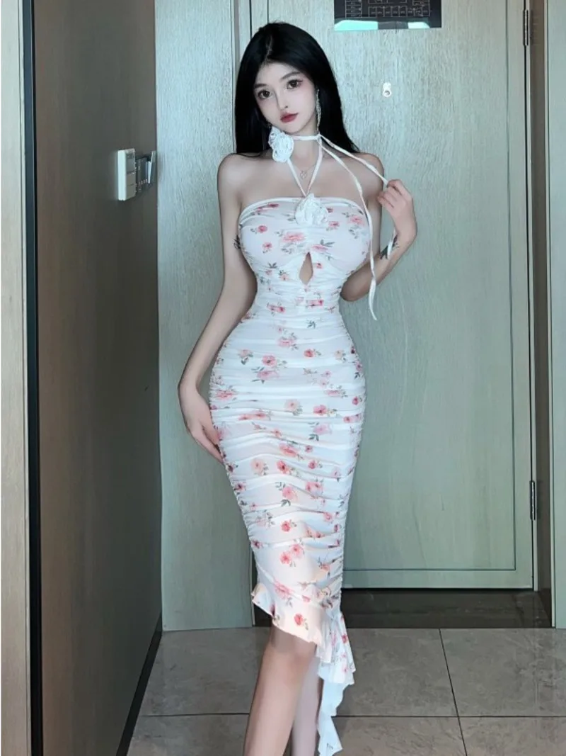 

2023 Summer Women's Sexy Sweet Chest Wrapping Backless Flower Print Hollow Out Pleated Irregular Wrap Buttocks Long Dress Z1B3