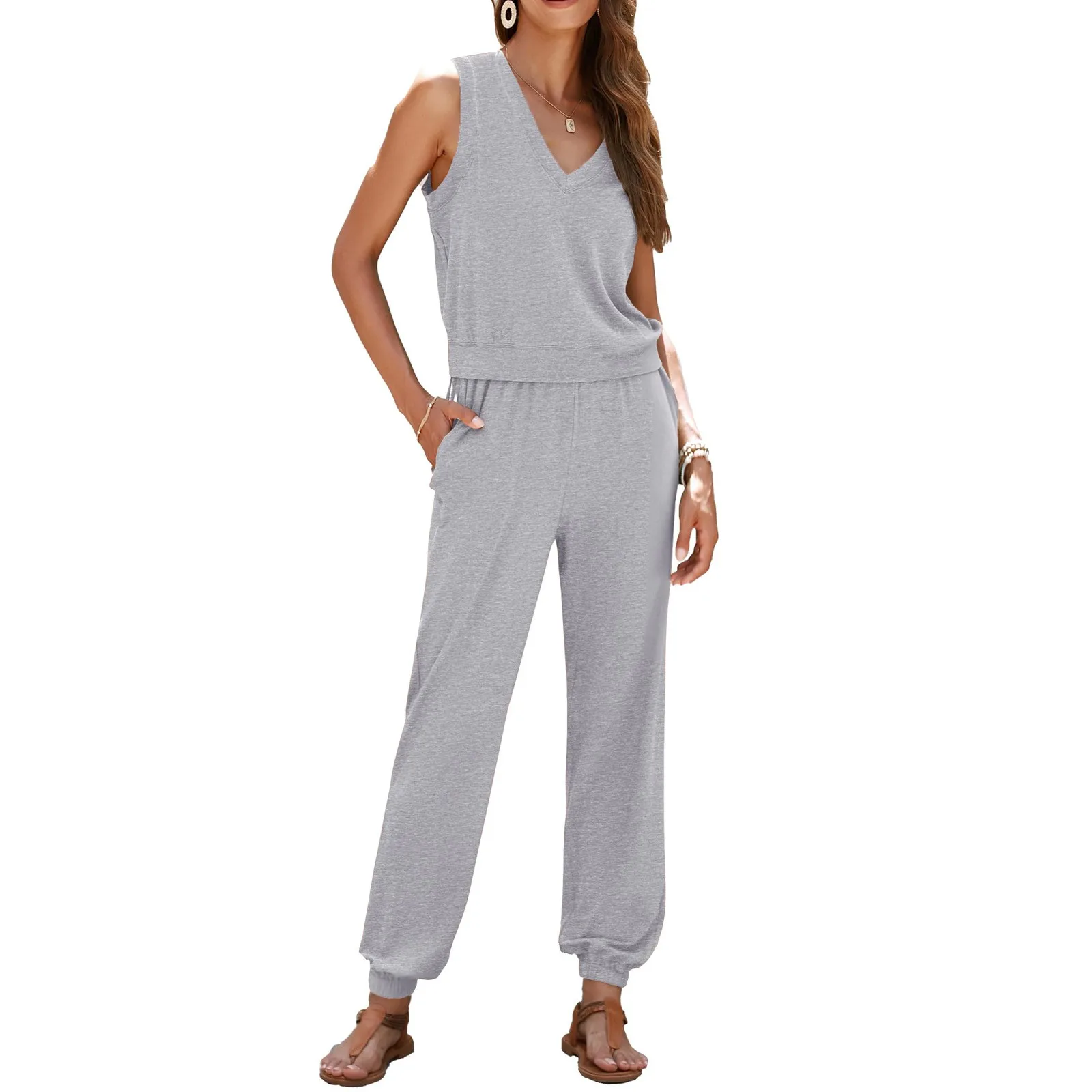 Женские костюмы летний комплект из топа без рукавов с V-образным вырезом и брюк