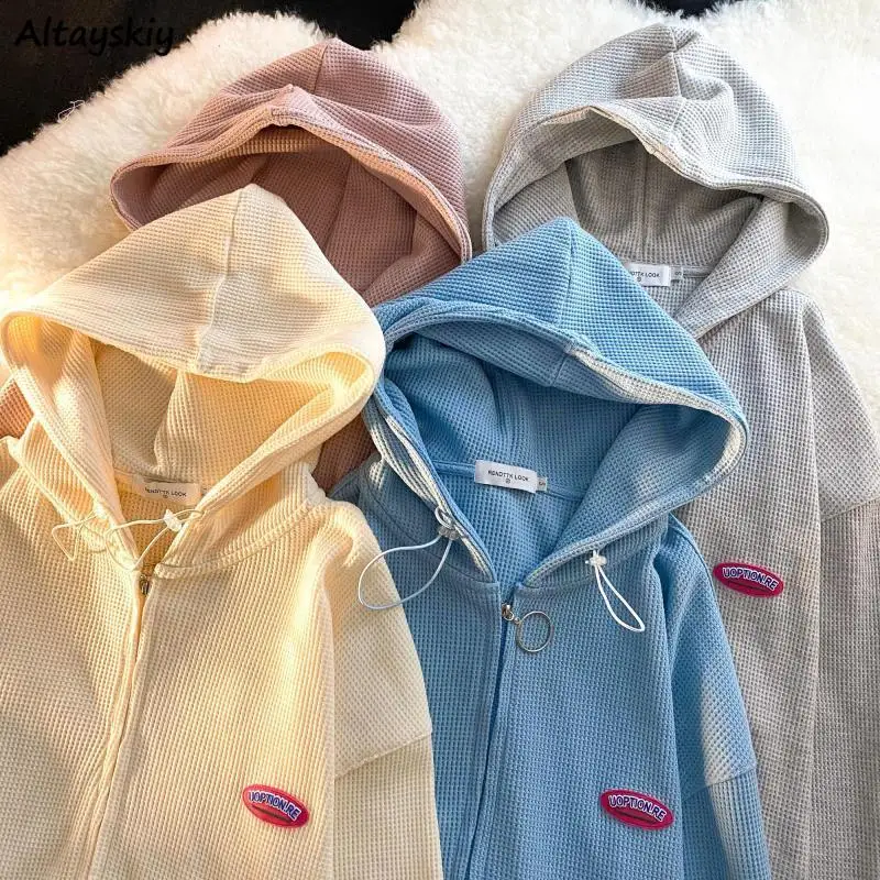 

Women Zip-up Hoodies Couple Casual Korean Fashion Preppy Style Hooded Waffle Sweatshirts Student Daily Spring Autumn Loose Hoody