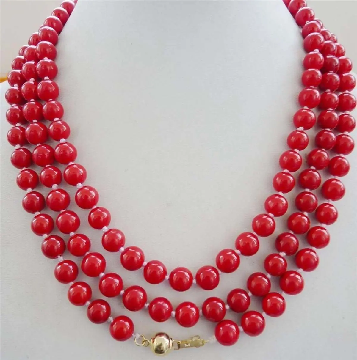 

Natural 8mm Red Coral Round Gemstone Bead Necklace 52" 14K Gold Clasp