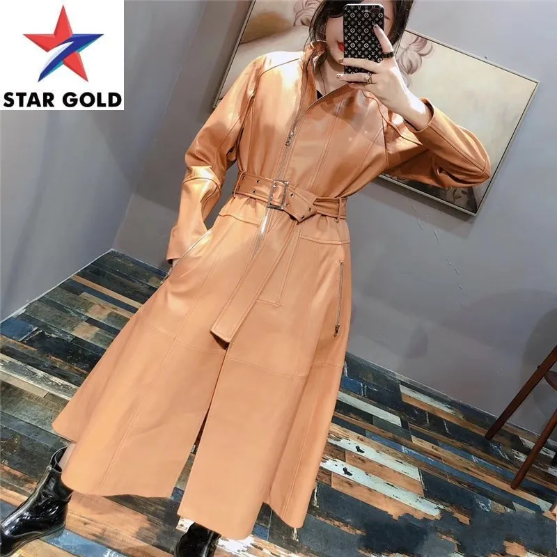 

Women High Quality Sheepskin Long Coat Stand Collar Windbreaker Trench Ladies Loose Fit Sashes Belted Genuine Leather Jacket