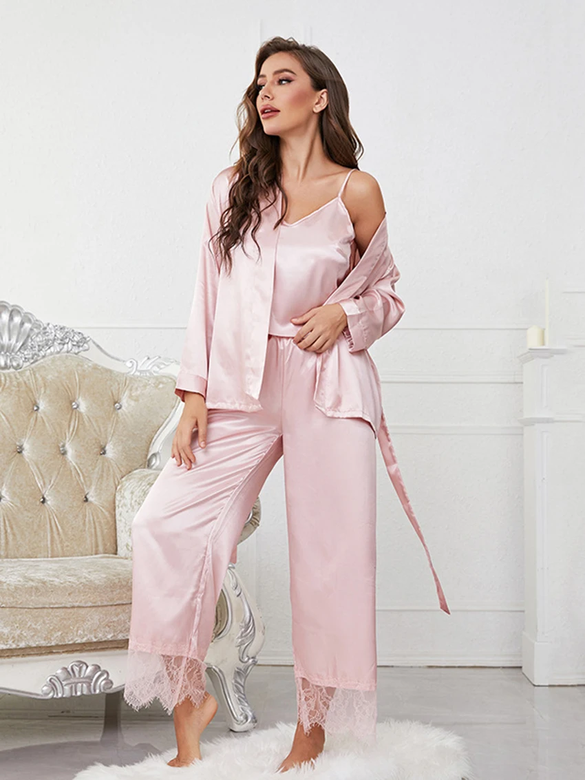 Marthaqiqi Lace Patchwork Women'S Pajamas Spaghetti Strap Nightwear Long Sleeve Robe Lace Up Sleepwear Pants Femme Pyjamas Suits
