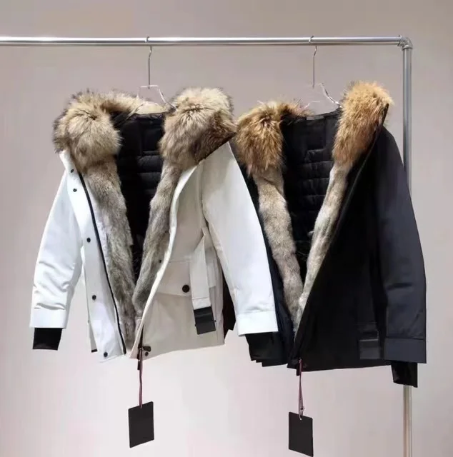 

17 2022 Новый стиль меховой лыжный костюм M домашняя утепленная куртка из белого гусиного пуха женский волчий мех большой меховой воротник короткий pie overcom