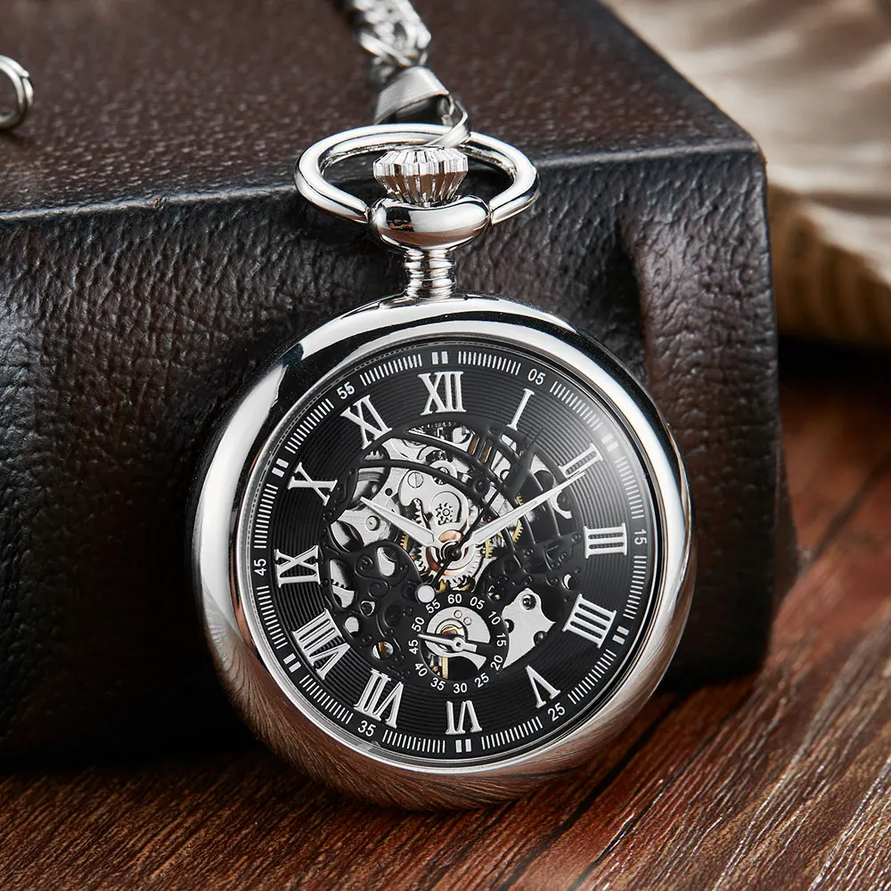 Silver Carved Steampunk Smooth Mechanical Pocket Watches Men Women Fashion Luxury Hand Wind Necklace Pocket & Fob Watch Chain