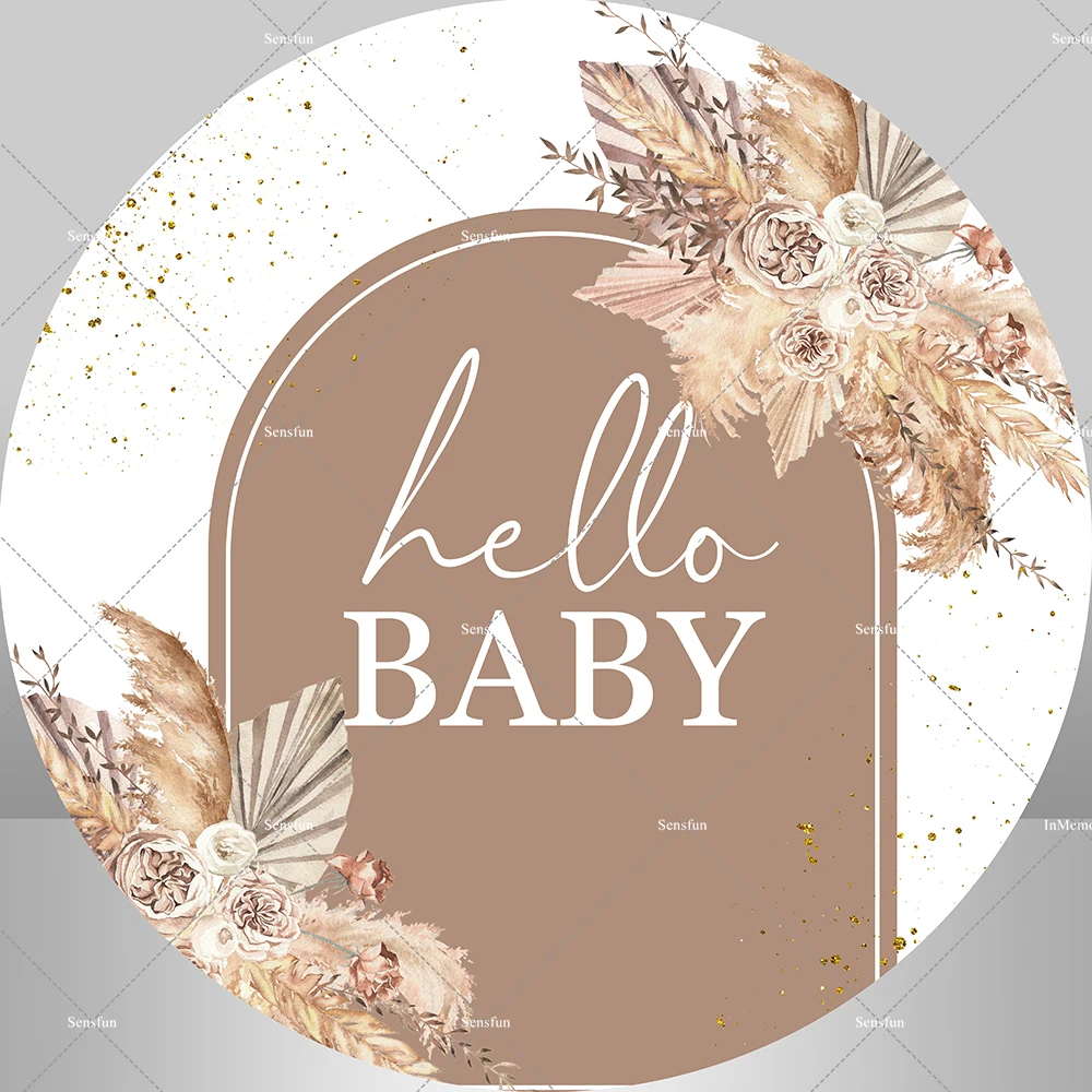 Baby Shower Round Backdrop Cover Customized Brown Flowers Leaves Hello Baby Boho theme Background Cake Table Banner
