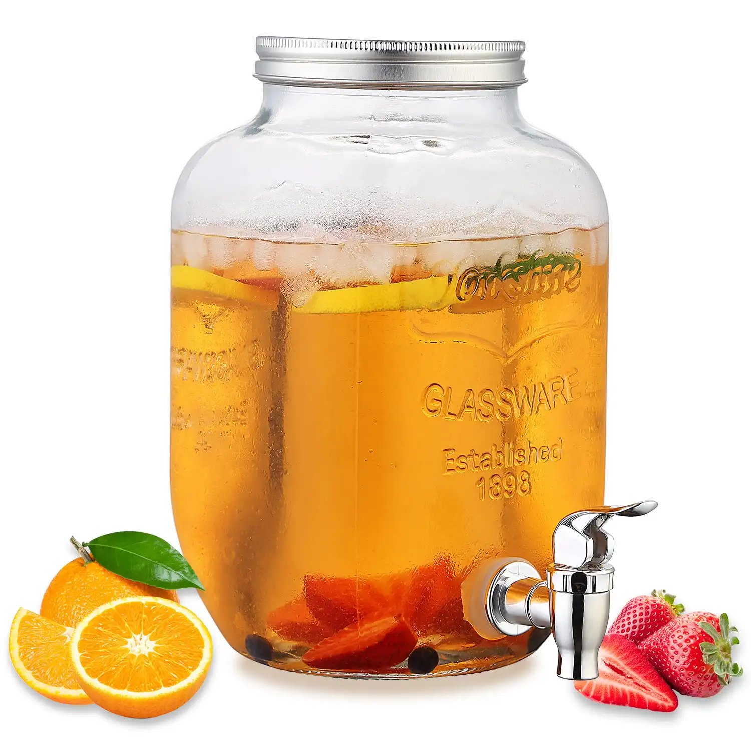 

1 Gallon Glass Beverage Dispenser with Ice Cylinder and Stainless Steel Lid and ABS Faucet