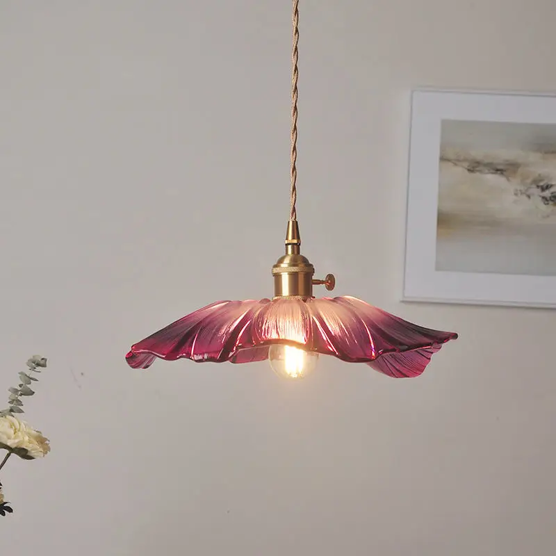 Retro Led Glass Chandelier Purple Flower Chandelier Nordic Personalized Brass Dinning Room Light Bar Bedroom Porch Lamp