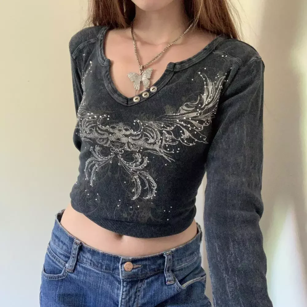 

Graphic Print Retro Y2K Crop Tshirts Vintage Harajuku Grunge Fairy Clothes Aesthetic 90s V-neck Autumn Long Sleeve Crop Tops