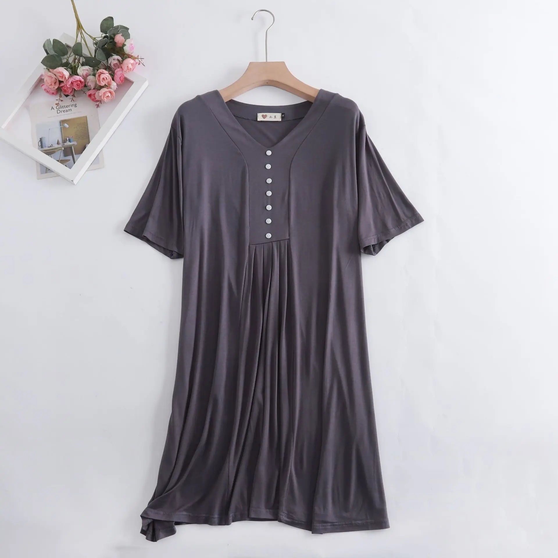 Fdfklak Modal Nightgown Sleep Lounge Women Button Design Summer Loose Homewear Short Sleeve Nightdress Soft Casual Sleepwear