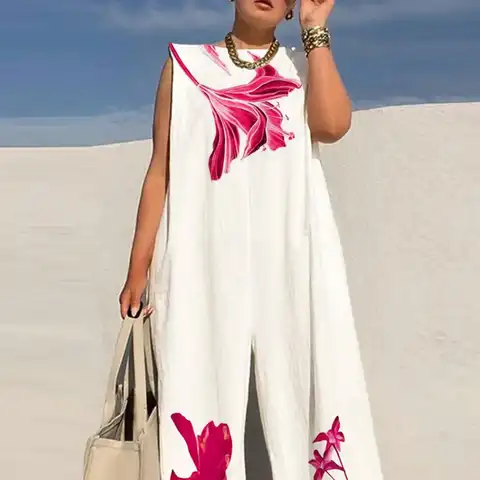 Elegant Patterm Print Loose Long Jumpsuit Summer Office Casual Wide Leg Romper Women Fashion O-neck Sleeveless Playsuit Overalls