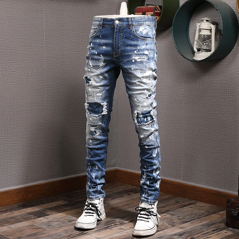 Streetwear Fashion Men Jeans Retro Blue Stretch Elastic Slim Fit Ripped Jeans Men Painted Designer Hip Hop Brand Pants Hombre