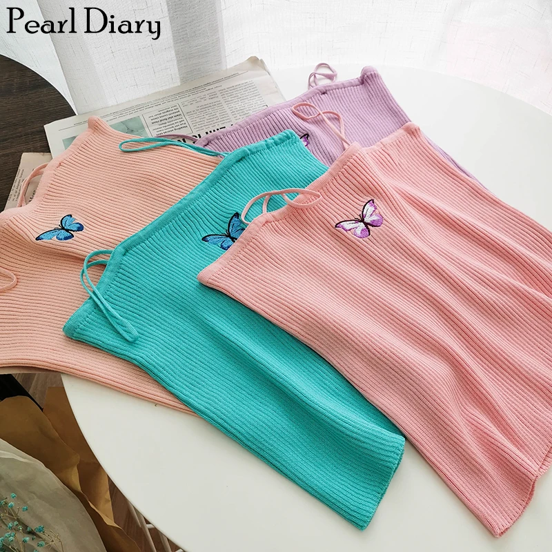 

Liba Sin Women Spaghetti Strap Tops Femme Skinny Camisole Summer Slim Fitted Beach Crop Tops High Street Butterfly Casual Top