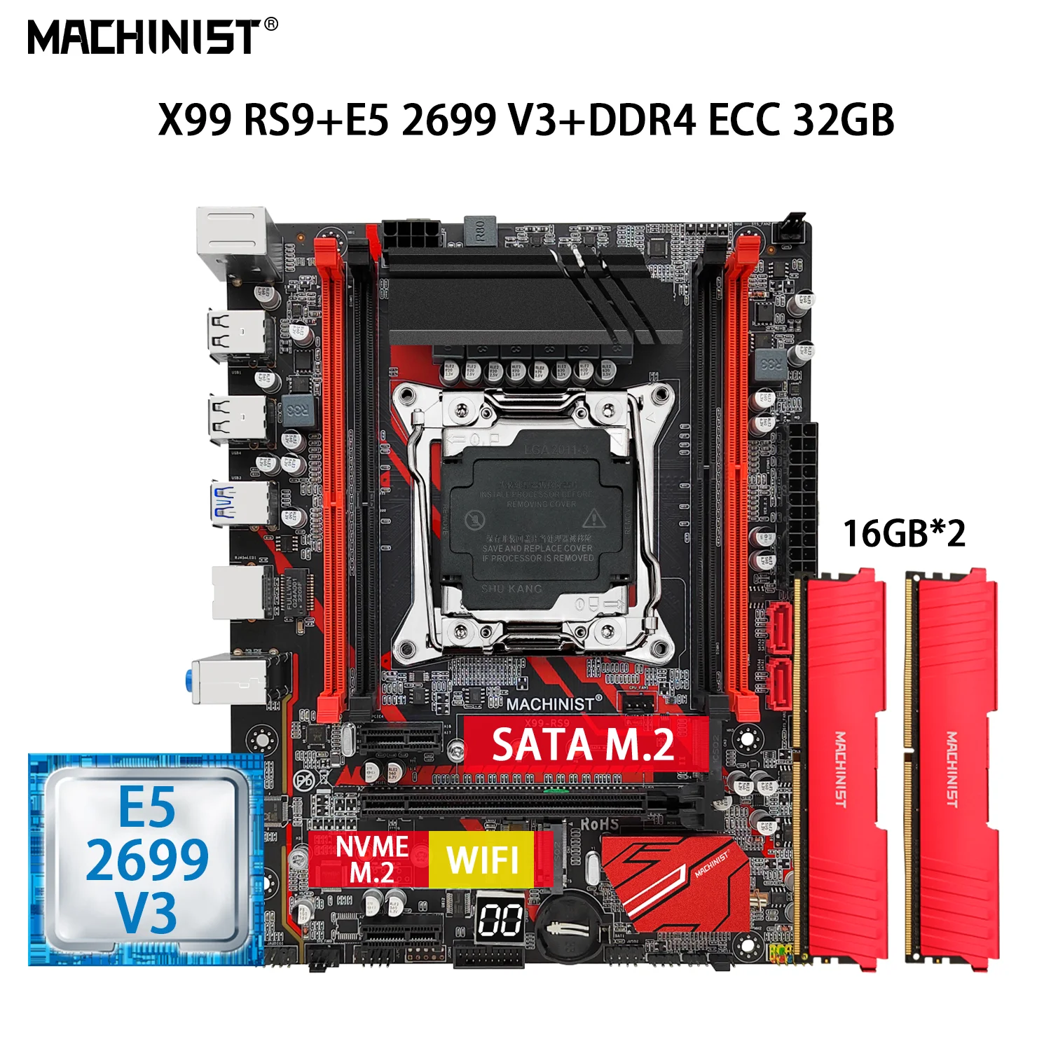 

MACHINIST X99 Motherboard Set LGA 2011-3 Kit With Xeon E5 2699 V3 CPU 2*16GB=32GB DDR4 ECC Memory RAM NVME M.2 M-ATX X99 RS9