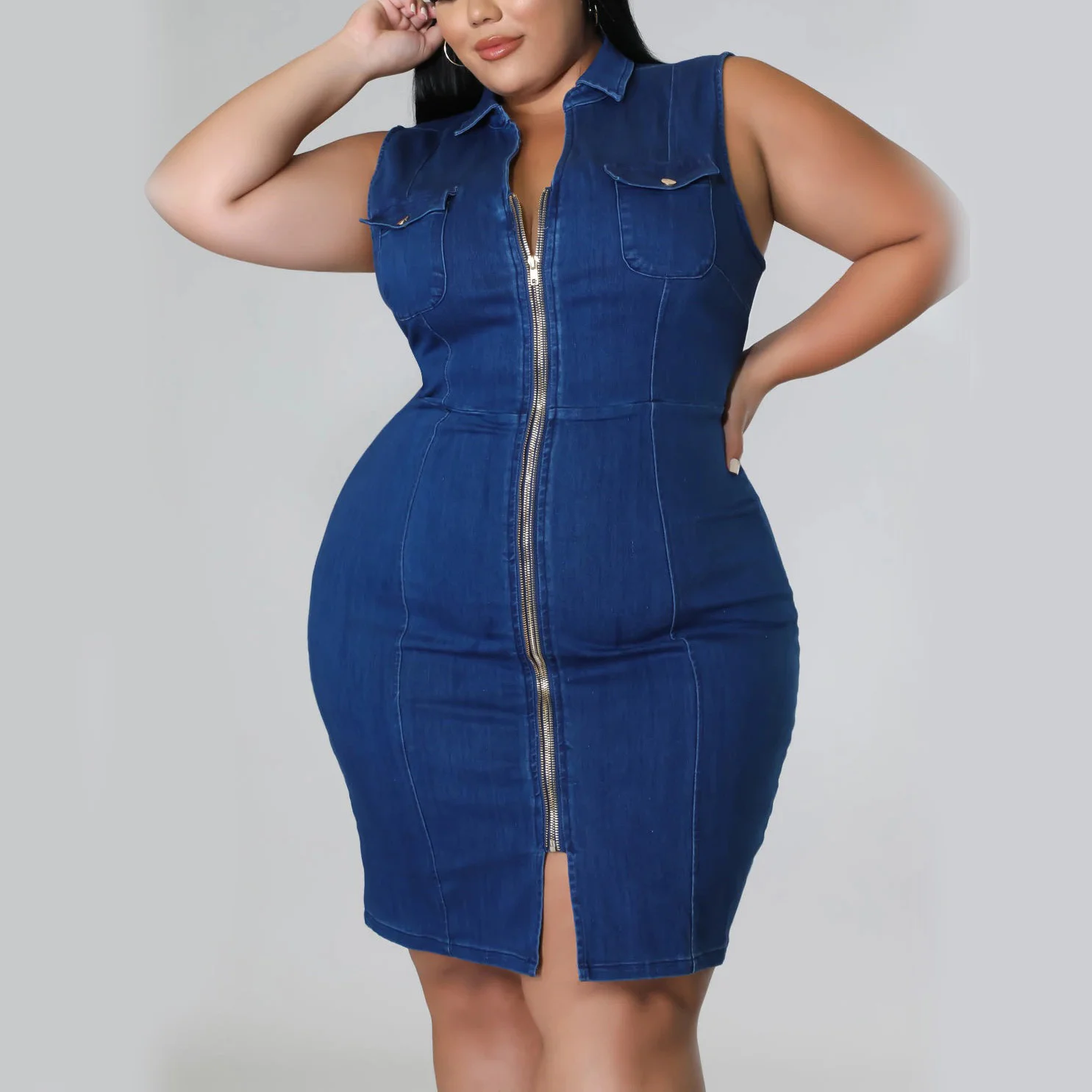 Plus Size 4xl 5xl Oversized Jeans Dress Turn Down Collar Sleeveless Zipper Closure Knee Length Bodycon High Wa 3xl 4xl 5xl 6xl