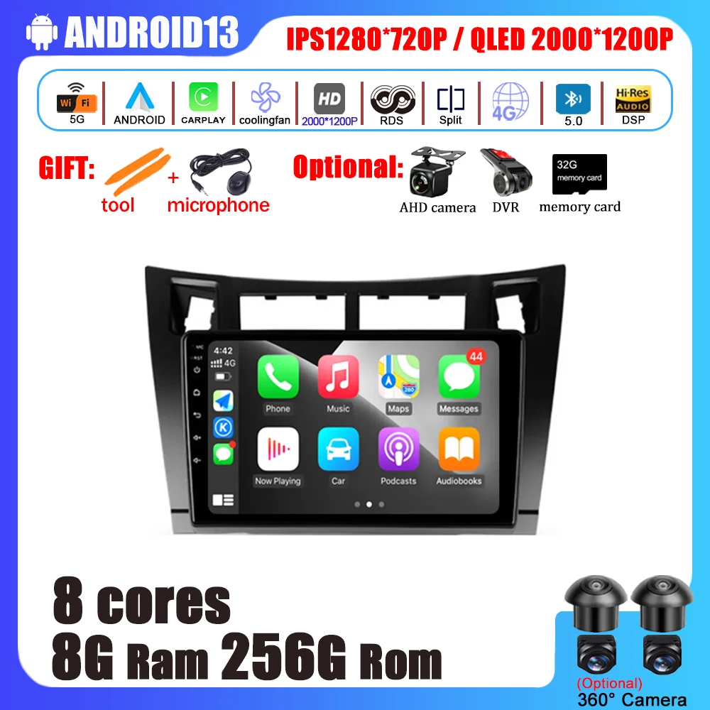 

Car Radio Player Multimedia GPS Navigation Stereo DAB+ WIFI Camera Android 13 For Toyota Yaris XP90 2005 - 2012