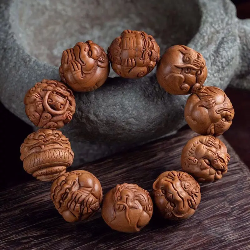 Authentic Indian Old Sandalwood Beads Bracelet Longsheng Jiuzi Beads Handmade Carved Old Materials Sandalwood Beads Bracelet