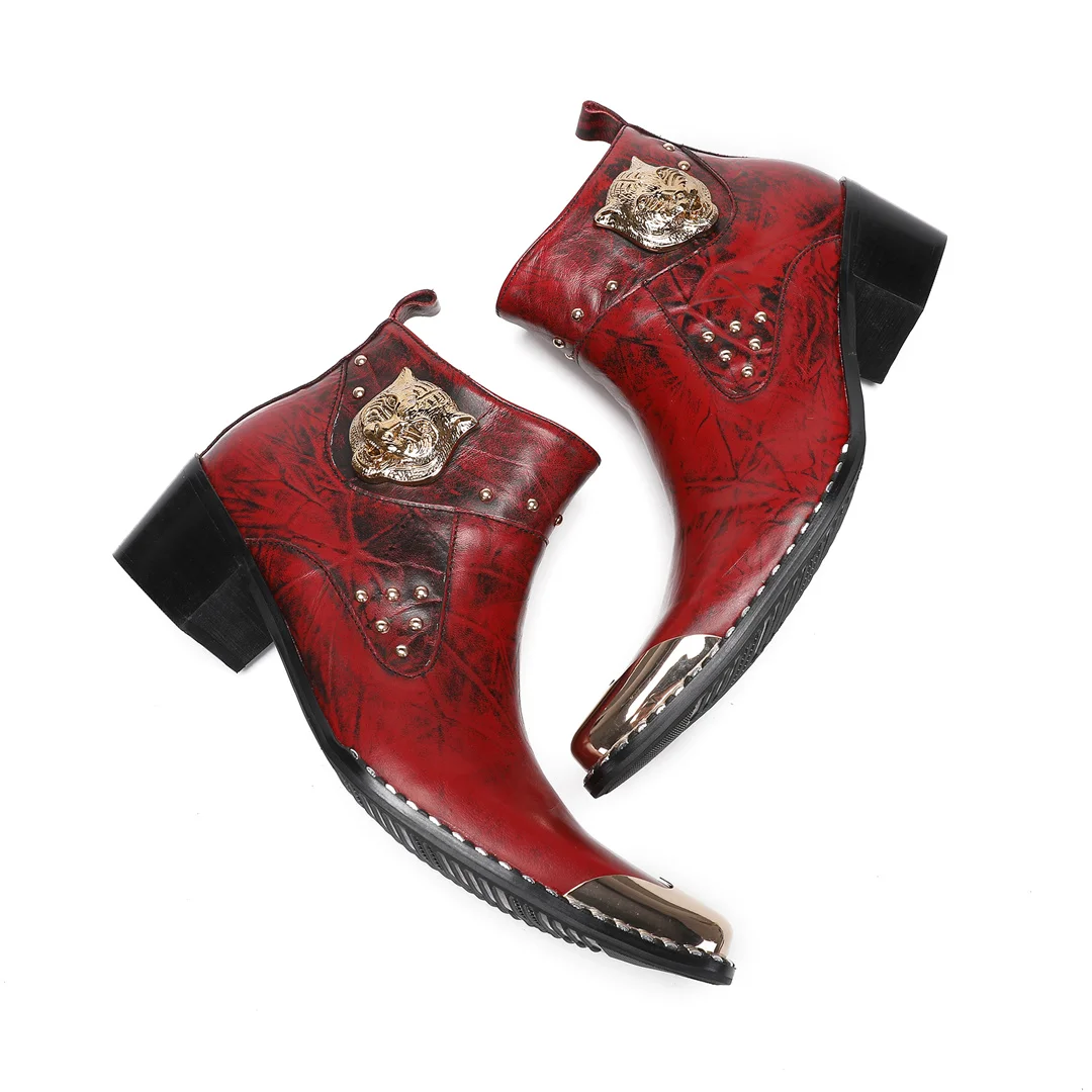 Красные мужские туфли ручной работы с металлическим острым носком для банкетов