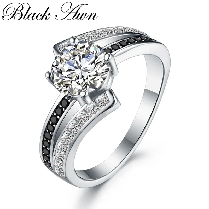 

[BLACK AWN] Silver Color Jewelry Black Spinel Wedding Rings for Women Femme Ring Bague Gift C334