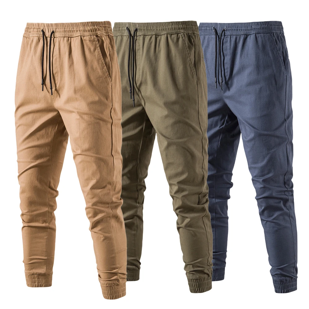 

100% Cotton Causal Pants Men Soild Color Drawstring Elastic Cargo Pants Male Autumn Streetwear Joggers Trousers for Men