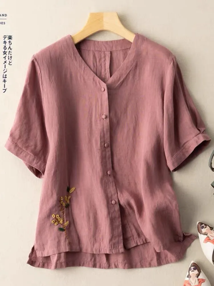 Рубашка женская хлопково-льняная с цветочной вышивкой повседневный Свободный