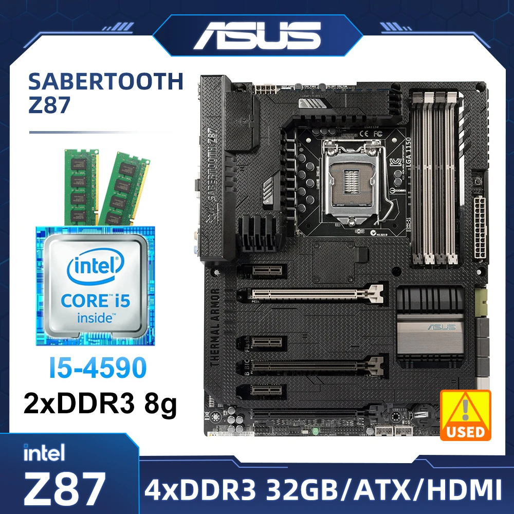 Материнская плата LGA 1150, комплект Asus SABERTOOTH Z87 с i5-4590 cpu + DDR3 8 Гб * 2 ОЗУ Intel Z87 32 Гб USB3.0 PCI-E 3,0 SATA III ATX