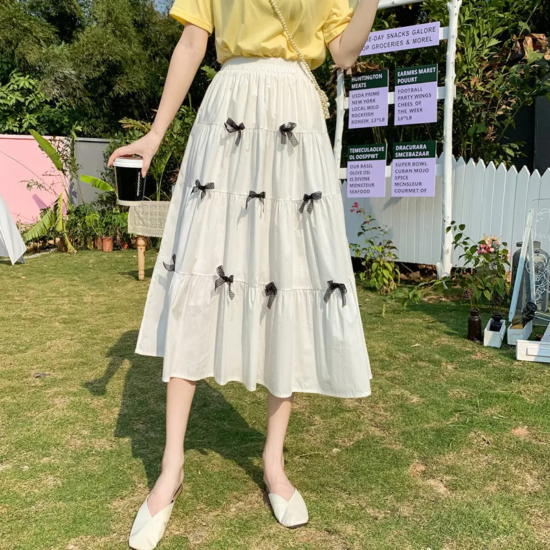 2022 Kawaii Skirt Women Bow White Black Korean Chic Elastic Waist A-line Midi Pleated Skirts Summer Fashion Skirt Girl