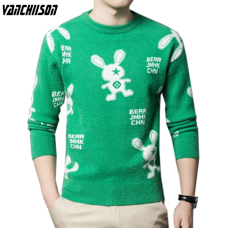 

Мужской трикотажный джемпер с круглым вырезом, зеленый или черный пуловер с мультяшным рисунком, Осень-зима 0054801