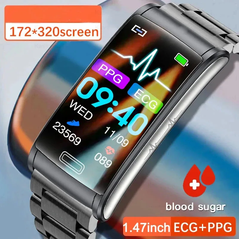 

2023 Новый неинвазивный смарт-браслет для глюкометра IP68 Водонепроницаемые часы ЭКГ + ПТТ измерение кровяного давления пульсометр здоровье смарт-браслет