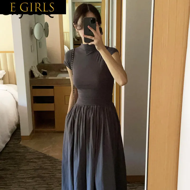 

E GIRLS GkyocQ Long Dresses O-neck Sleeveless Solid A-line One Piece Korea Dress Hot Girls Vintage Casual Skirt Spring Female