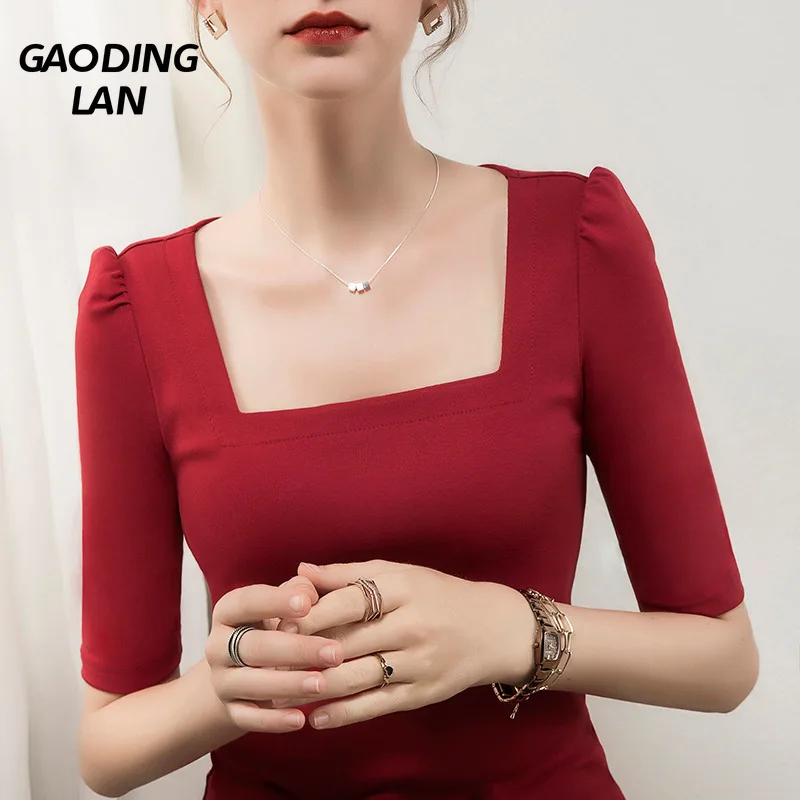 

Summer New French Style Female Square Neck Tops Women Half Sleeve Slim Fit Tees High-grade Solid Color Cotton T-shirts Vintage