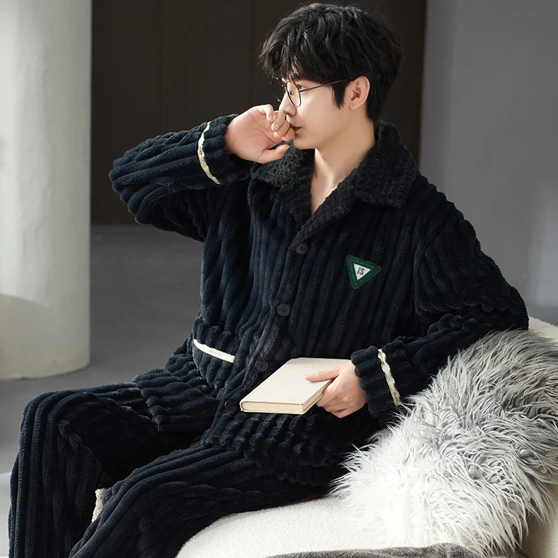 

QUHENG Flannel Men's Autumn 2022 Winter Thicken Warm Pajamas Sets Male Long Sleeve Trousers Nightgown Sleepwear Home Clothing