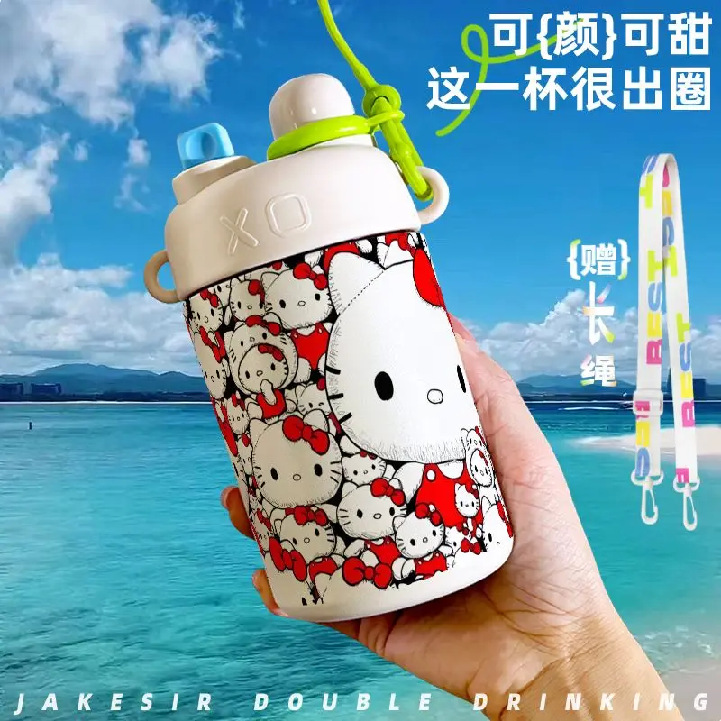 Горячая термочашка Sanrios 500 мл Sus 316 с соломинкой для двойного напитка Kawaii Hello Kitty