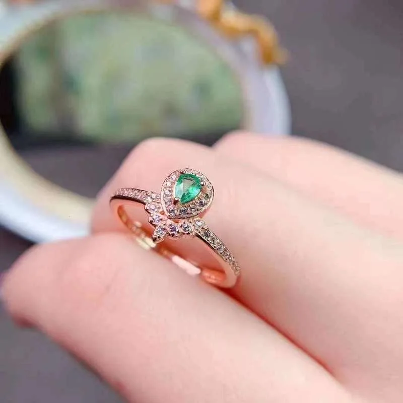 

YULEM 100% Natural Emerald Ring 3mm*4mm Pear Cut Emerald Silver Jewelry May Birthstone Ring