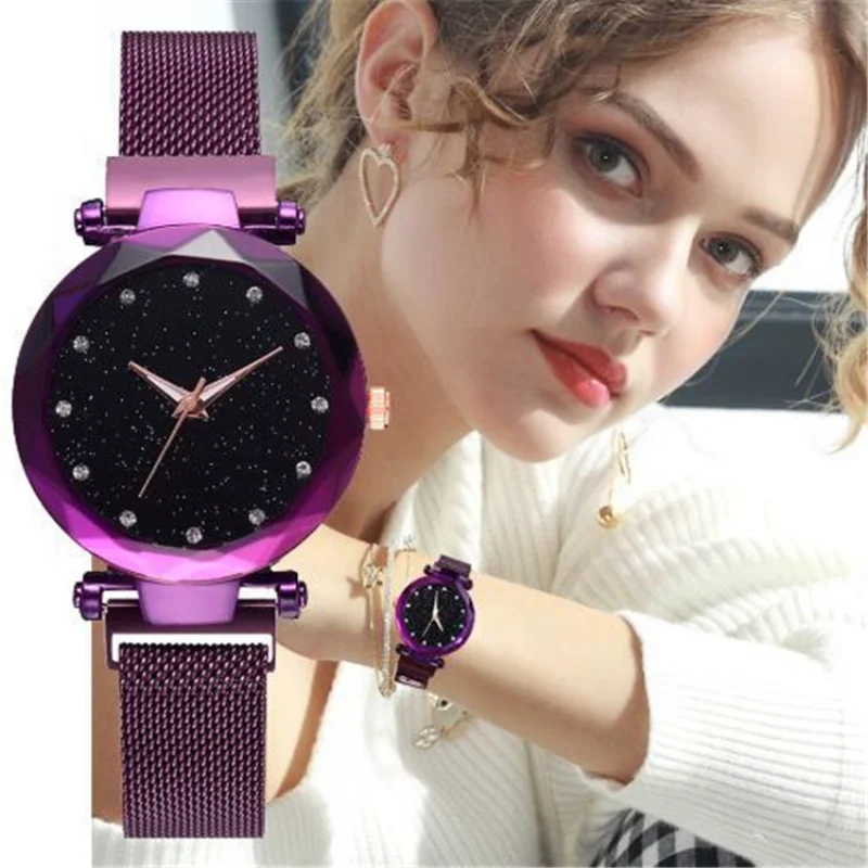 

Fashion Women Quartz Watches Stainless Steel Band Mesh Magnet Buckle Starry Sky Analog Wrist Watch Relojes Clock Mechanism