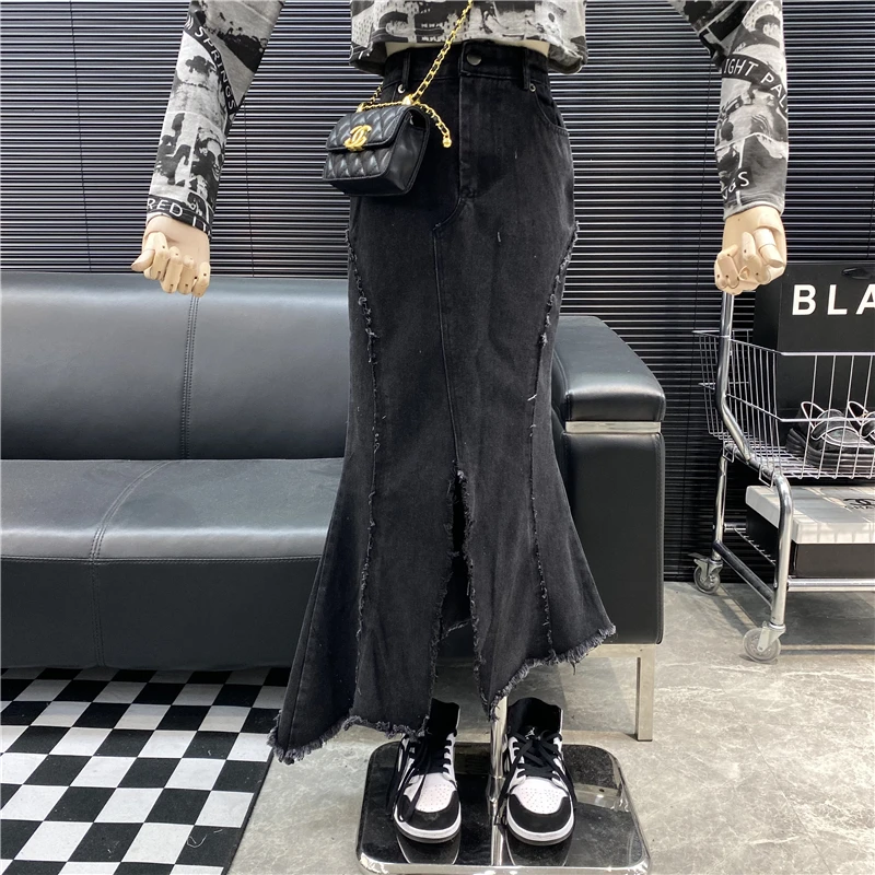 

Front Slit Sexy Fishtail Long Skirt for Women 2022 Spring New High Waist Sheath Ripped Tassel Edge Irregular Faldas Largas Denim