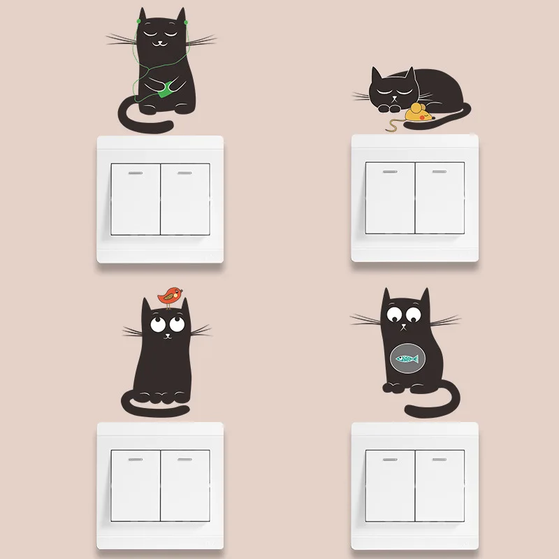 

New Cartoon Four Black Cats Switch Stickers Cabinet Bedroom Bedside Porch Home Wall Decoration Wall Stickers Furniture Stickers