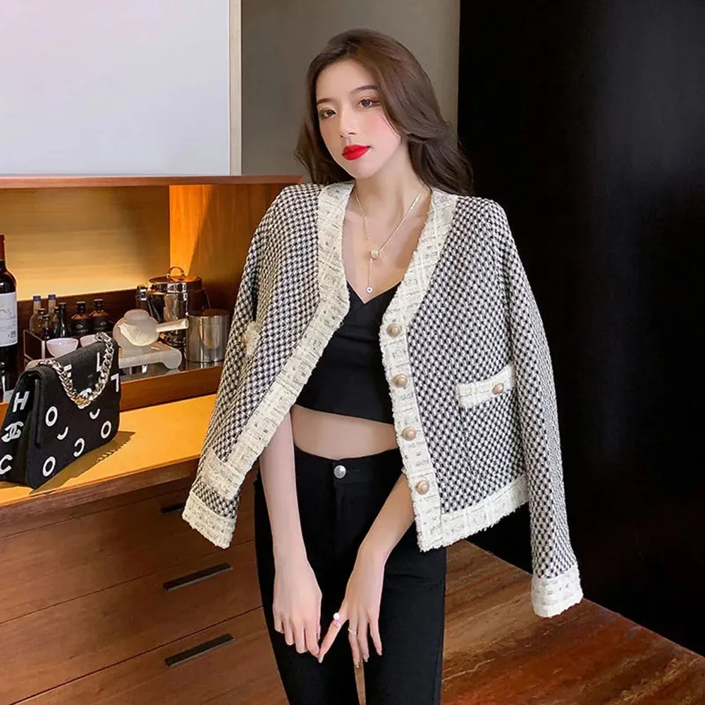Женский твидовый жакет с V-образным вырезом длинным рукавом |