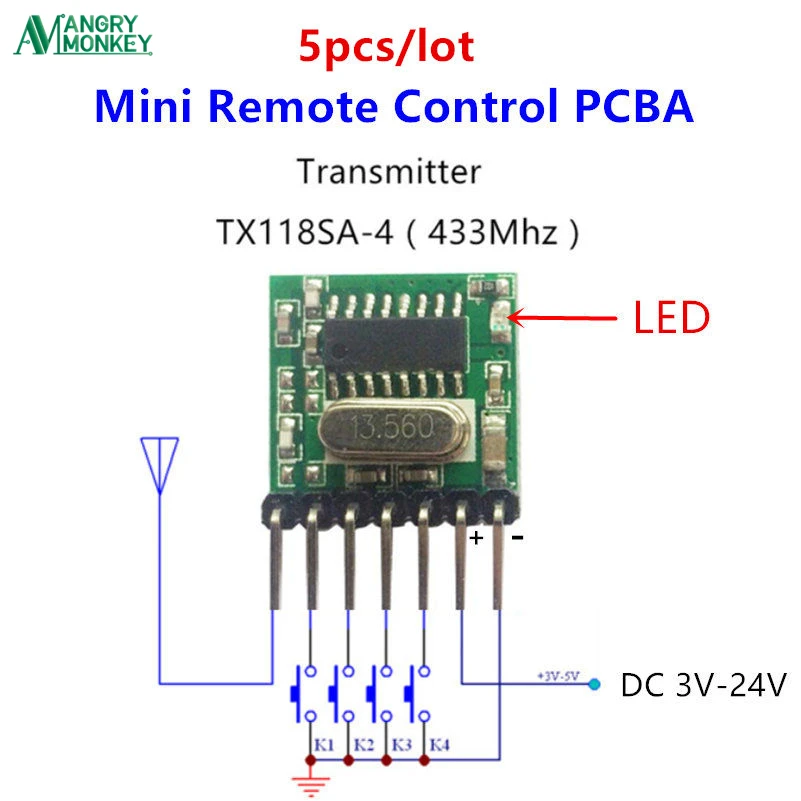 5 pieces 433 Mhz Superheterodyne RF wireless transmitter module 1527 Encoding EV1527 Code wide-voltage 3V-24V For Remote control