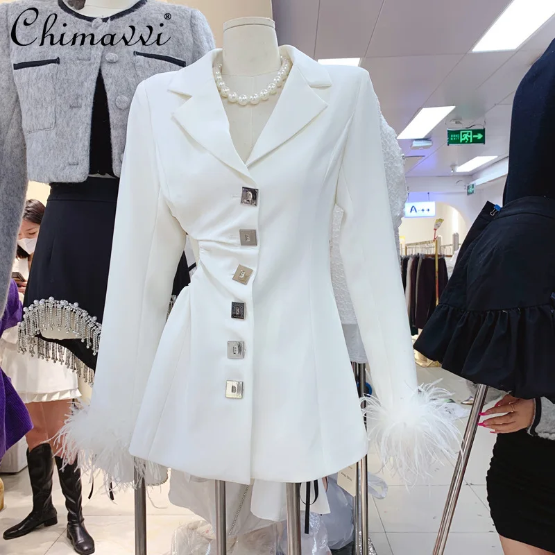 

2022 Spring French Style Fashion Office Lady Suit Jacket Women's Elegant Solid Color Ostrich Feather Hollow-out Midriff Blazers