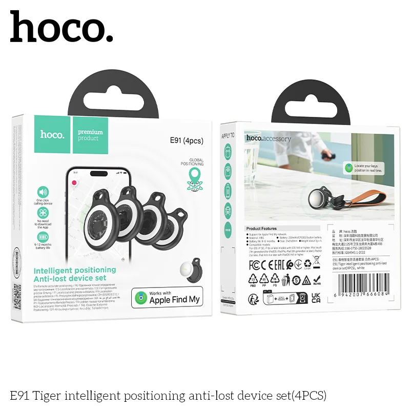 Фото HOCO, 4 упаковки, анти-потерянные устройства, Airtags для системы Apple IOS, GPS-локатор, кошелек, брелок для автомобилей, домашних животных, фурнитура с защитными чехлами №3