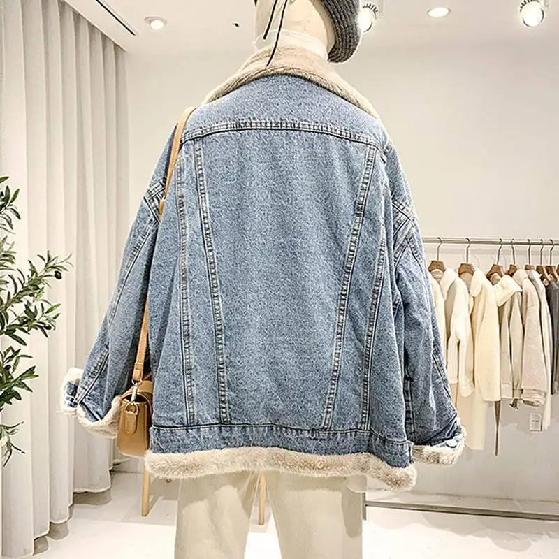 Winter Lamb Wool Jacket Women Double Sided Wear Denim Faux Fur Coat Female Cashmere Thick Casual Cotton Loose Thick Warm Clothes
