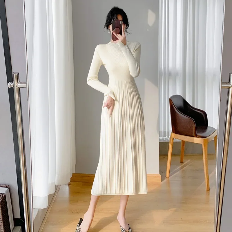Осень/зима женское элегантное вязаное платье с высоким воротником до половины