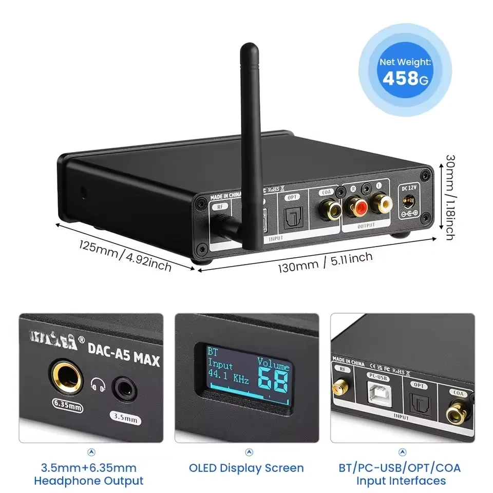 Фото Аудио-ЦАП AYM-19 A5 MAX с Bluetooth-декодером, USB-декодером ES9018, усилителем для наушников, поддержкой APTX LDAC, DSD256, PCM384 №4