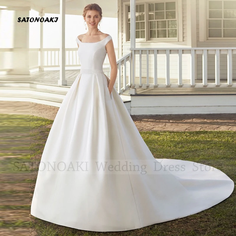 

Женское атласное свадебное платье, элегантное простое ТРАПЕЦИЕВИДНОЕ ПЛАТЬЕ с открытыми плечами и карманами, свадебное платье