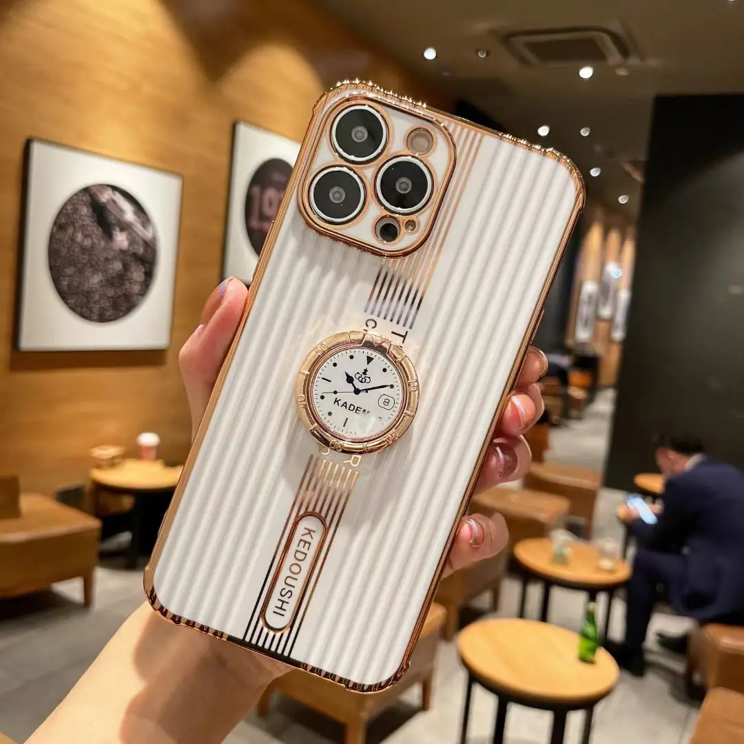 For iPhone 13 Pro Max Case Luxury Stripe Gold Plated Grip Tok Ring Holder Cover for iPhone 11 12 13 mini 7 8 Plus XS Max XR X