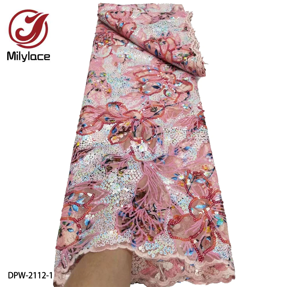 

African Sequins Lace Fabric Blue High Quaity Embroidery French Tulle Mesh Lace Fabric for Nigerian Party DPW-2112