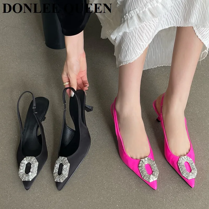 

Женские босоножки с острым носком, туфли-лодочки на высоком каблуке, туфли без задника с кристаллами и пряжкой, обувь для невесты, новинка ве...