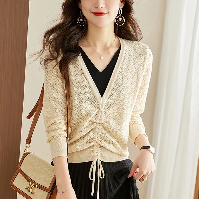 Тонкие трикотажные топы с длинным рукавом женские весенние свитера